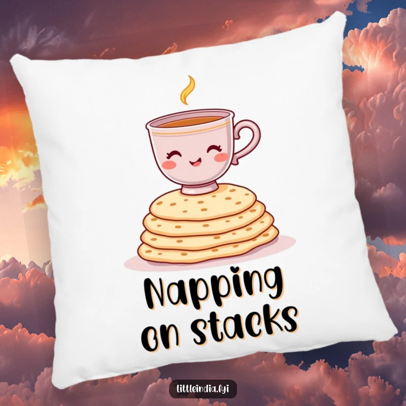 Funny pillow featuring a cheerful chai cup precariously balanced on a stack of chapati, adding quirky charm.