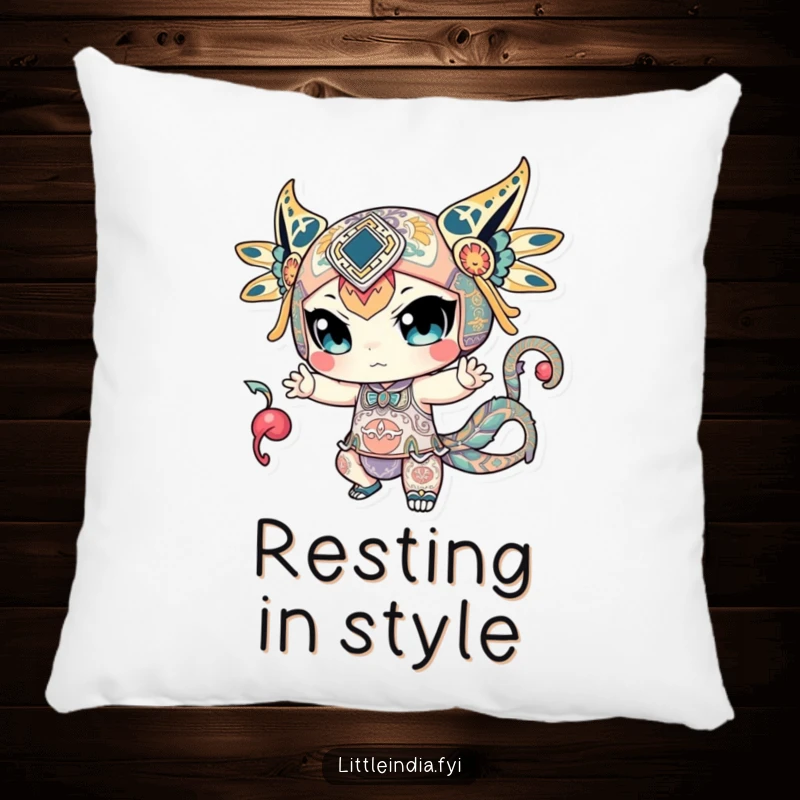 Funny pillow showcasing a character in a strong, dynamic pose, beautifully decorated with intricate and eye-catching patterns.