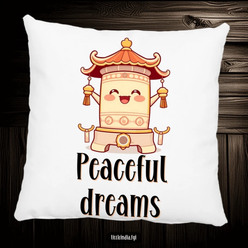 Funny pillow showcasing a happy temple bell character ringing with pure joy, offering comforting softness and a daily dose of resonant, uplifting happiness.