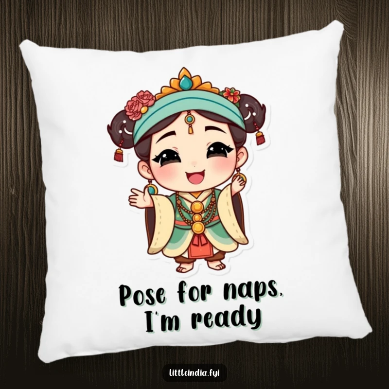 Funny Elegance Pillow: Soft cushion with a happy character in traditional jewelry, striking a graceful pose.