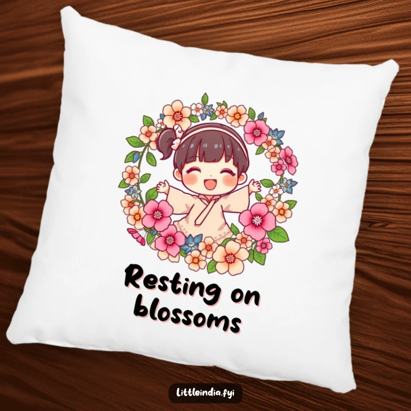 Funny Pillow designed with a joyful character spinning a garland of fragrant flowers, offering comfort and a beautiful, artistic visual.