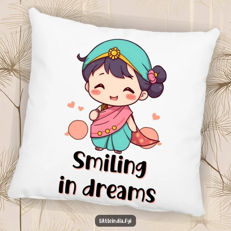 Funny Pillow featuring a cute character in a tiny sari happily exchanging smiles, soft and comforting, a lovely funny gift.