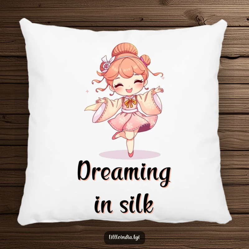 Funny pillow featuring a delighted character dancing with shimmering silk fabrics, a soft and elegant decor piece.
