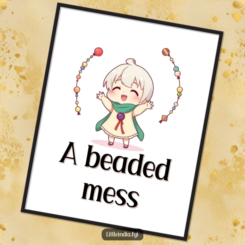 Funny digital art print of a character comically trying to juggle decorative strings of beads, creating a humorous and dynamic scene.