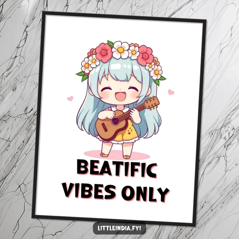 Funny Digital Art Print: A delighted character wearing a flower garland plays a lively beat, capturing pure musical bliss.