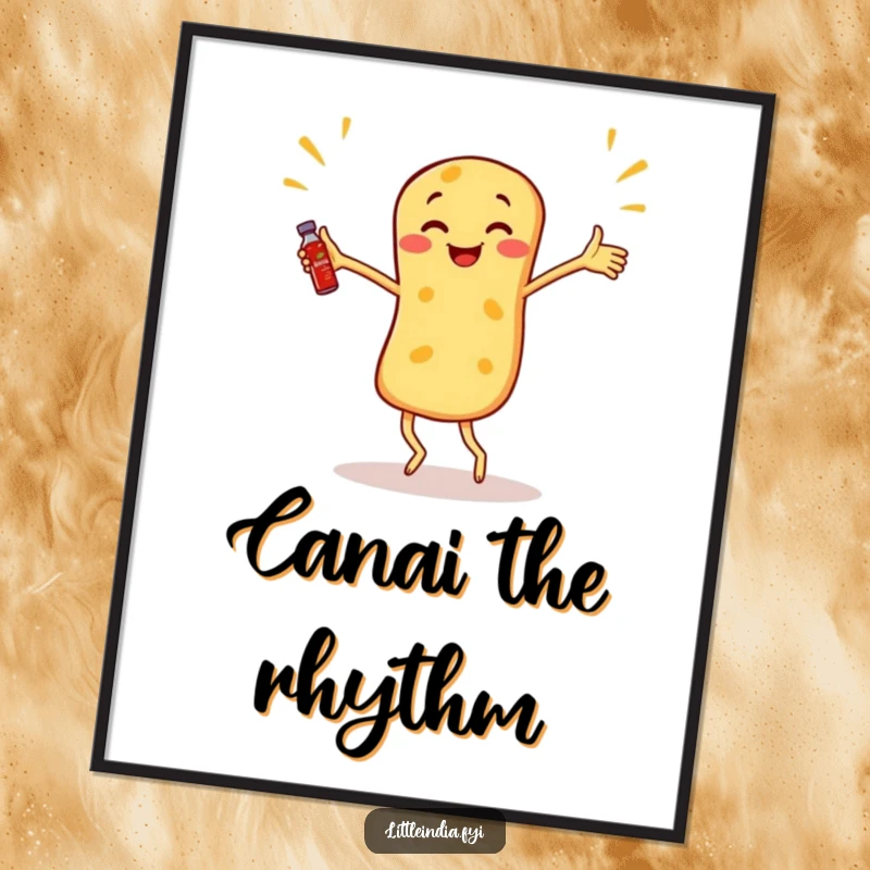 Funny Roti Canai Digital Art Print of a dancing roti canai juggling miniature sambal bottles.