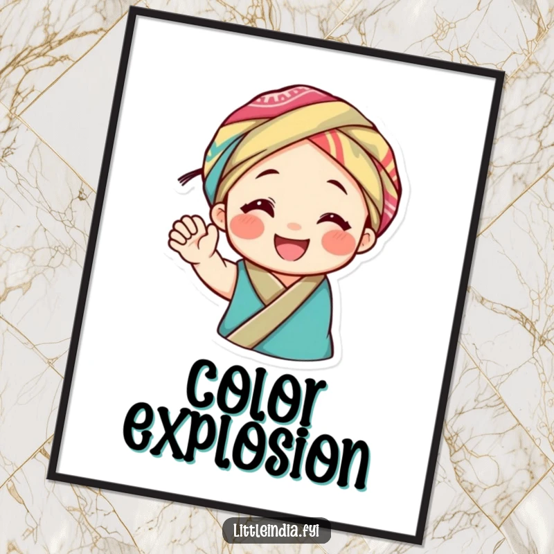 Funny digital art print of a smiling character in a vibrant headwrap, waving joyfully with infectious happiness and artistic flair.