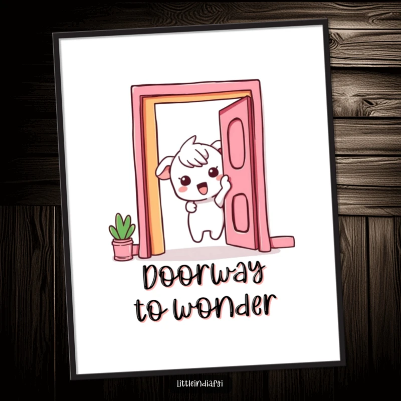 Funny Digital Art Print: A curious character peeks excitedly from behind a stunningly vibrant doorway, full of anticipation.