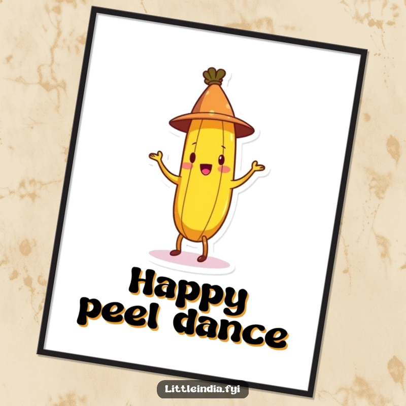 Funny Banana Digital Art Print of a cheerful banana in a conical hat doing a jig, offering instant humor and visual appeal.