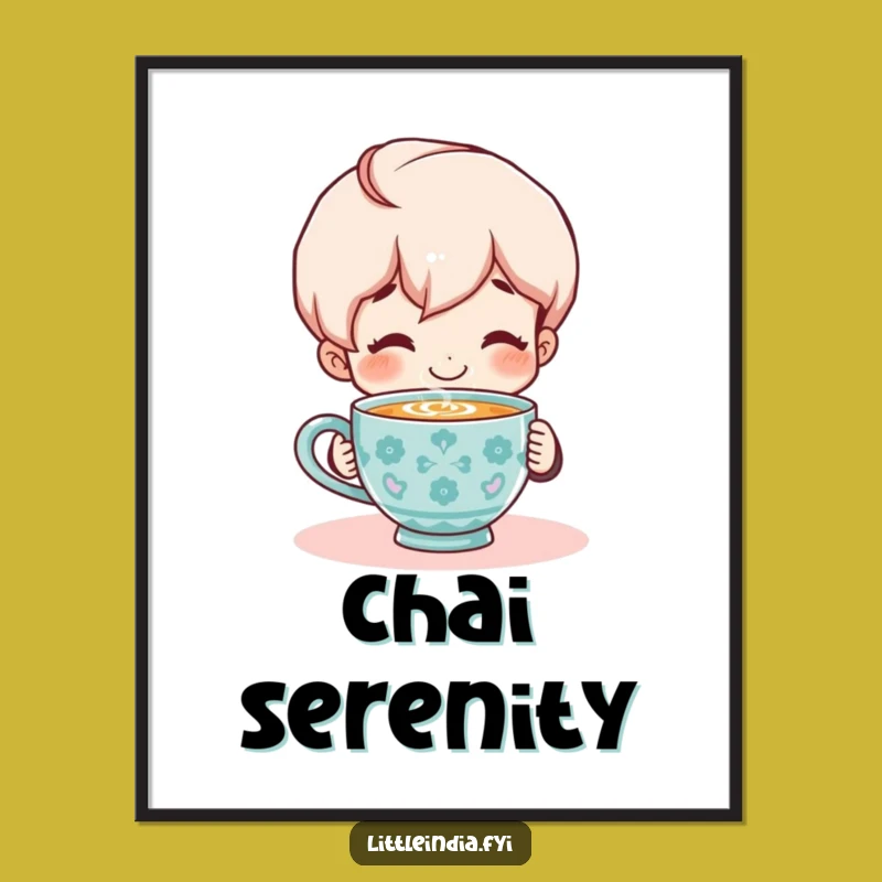 Funny Chai Lover Art Print: Smiling Character's Cozy Scene Decor, Perfect Funny Gift
