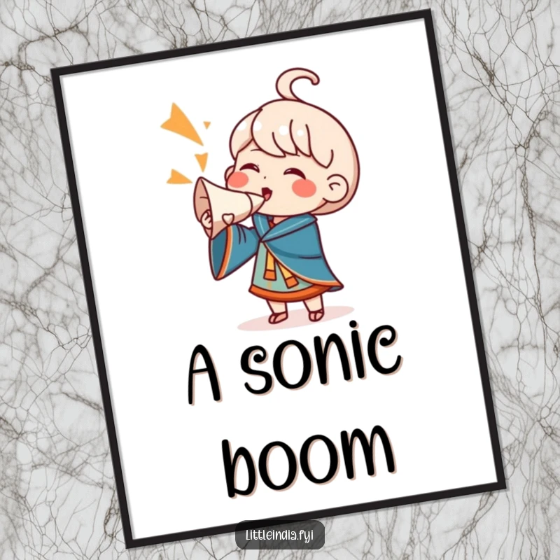 Funny Digital Art Print: A character exuberantly blows a conch shell, mouth open in a triumphant cheer, radiating excitement and fun.