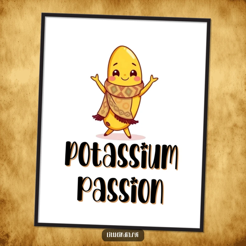 Funny digital art print of a smiling banana in a scarf, dancing flamenco, adding a burst of energy.