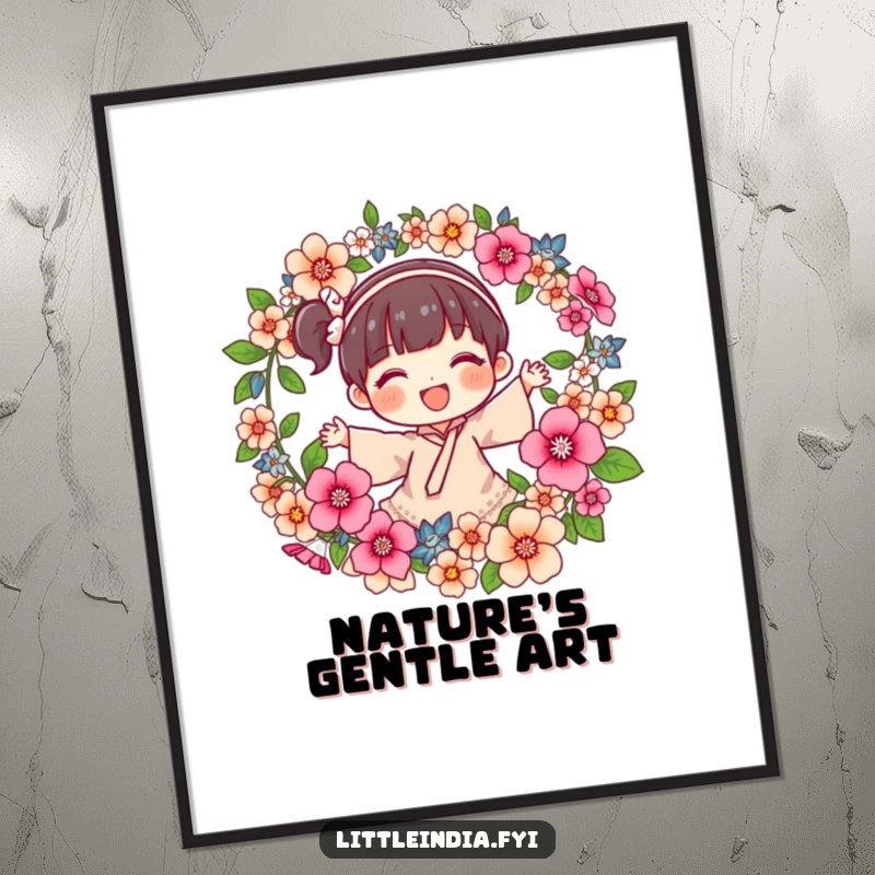 Funny Digital Art Print of a joyful character creating a fragrant flower garland, perfect for adding natural beauty and whimsical humor to any digital display or print.
