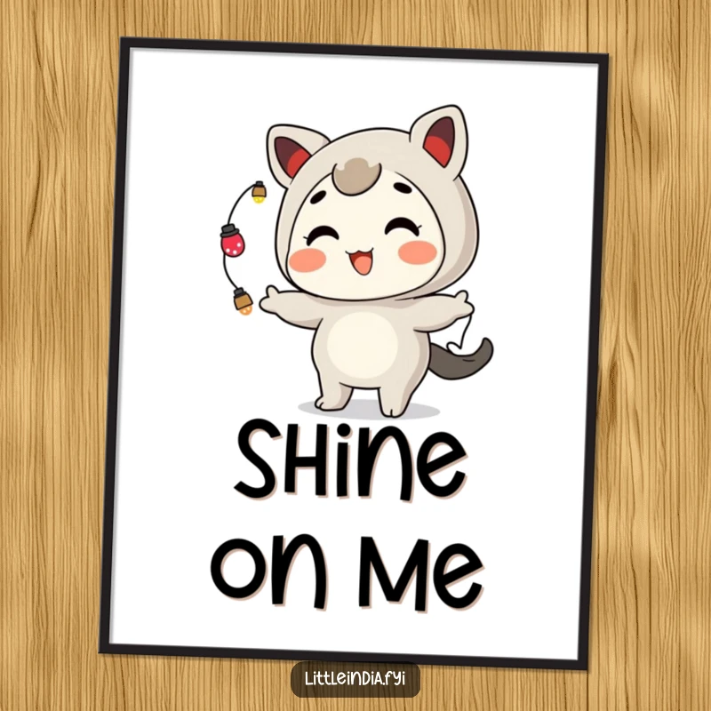 Funny Digital Art Print: A playful character with a wide grin expertly juggles illuminated ornamental lights, full of holiday spirit.