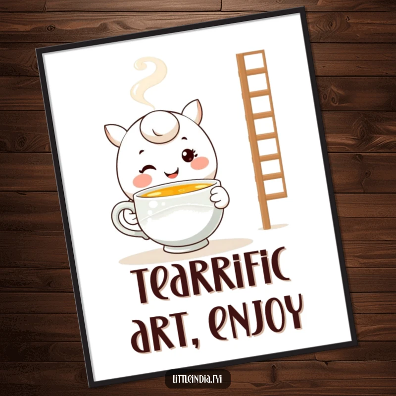 Funny Warm Tea Digital Art Print: Smiling character offers a steaming cup of tea, bringing instant comfort and charm.