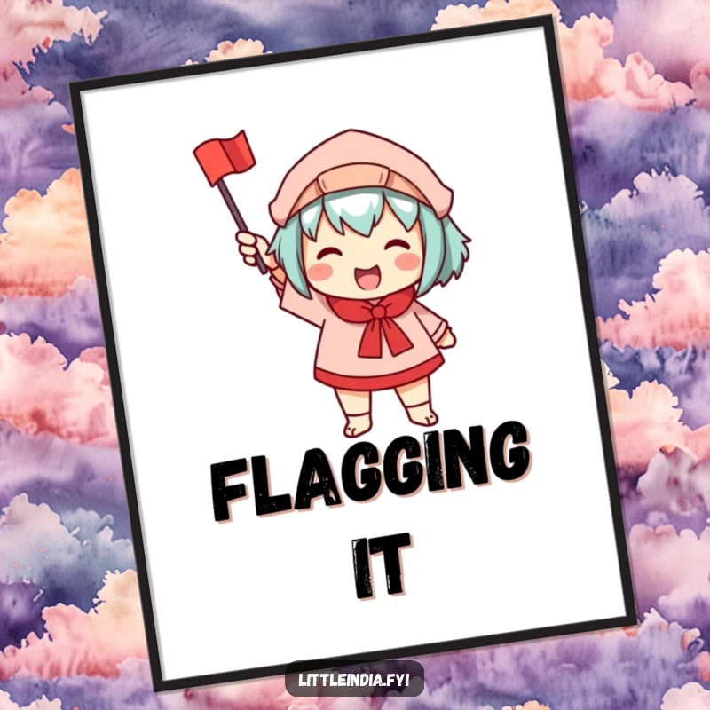 Funny digital art print of a character enthusiastically waving a small, colorful flag, symbolizing joy and celebration.