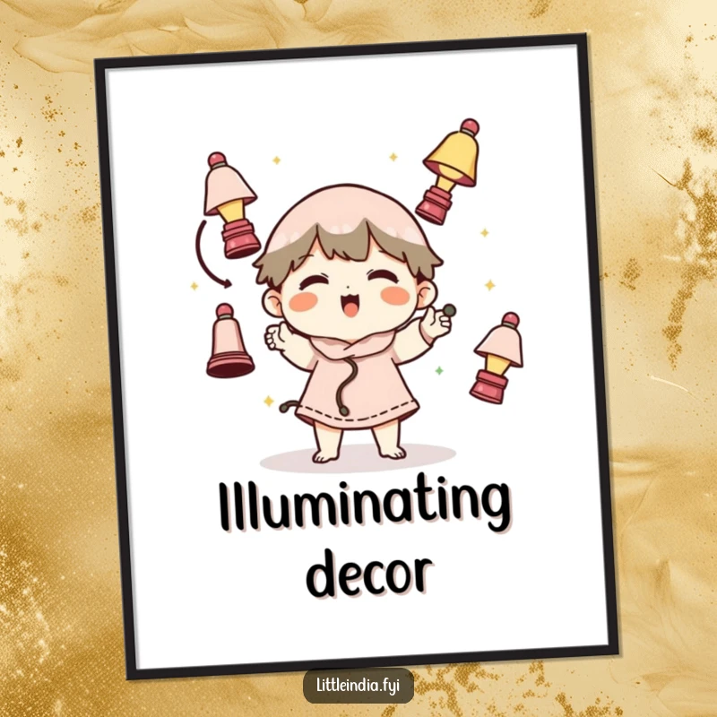 Funny digital art print of a character balancing and juggling small lamps, creating a vibrant and amusing visual.