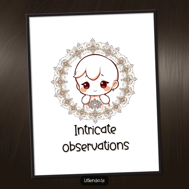 Funny digital art print of a small character with a curious expression, intently observing detailed and intricate patterns.