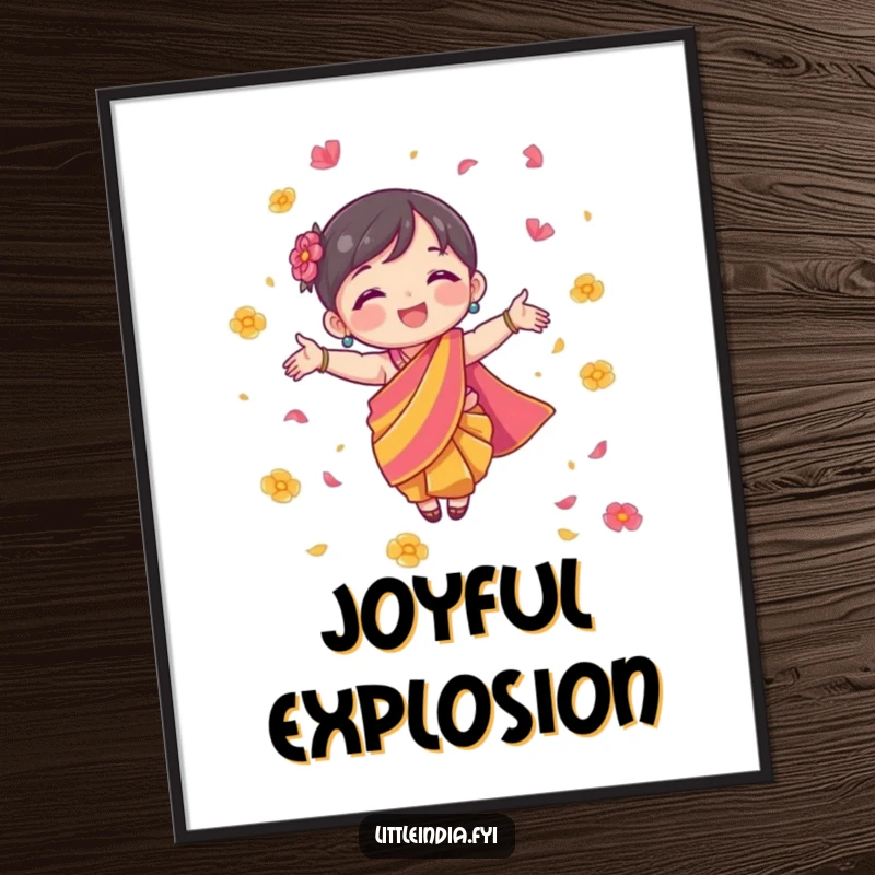 Funny Digital Art Print of a character in a colorful sari joyfully scattering flower petals, radiating happiness.