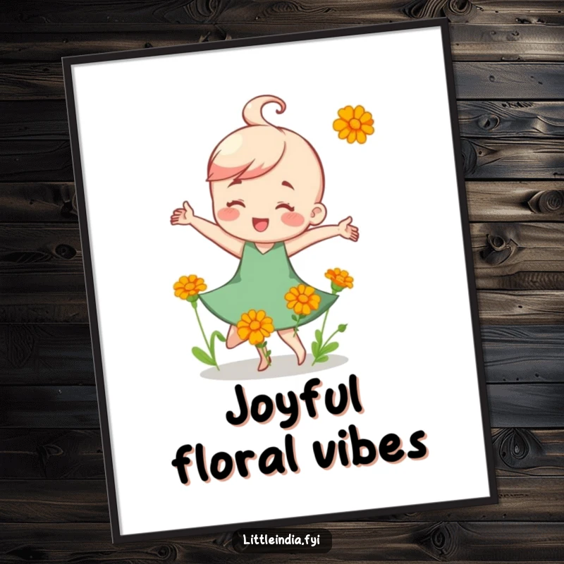 Funny Digital Art Print: A happy character dancing with small, colorful marigold flowers, perfect for cheerful home decor.