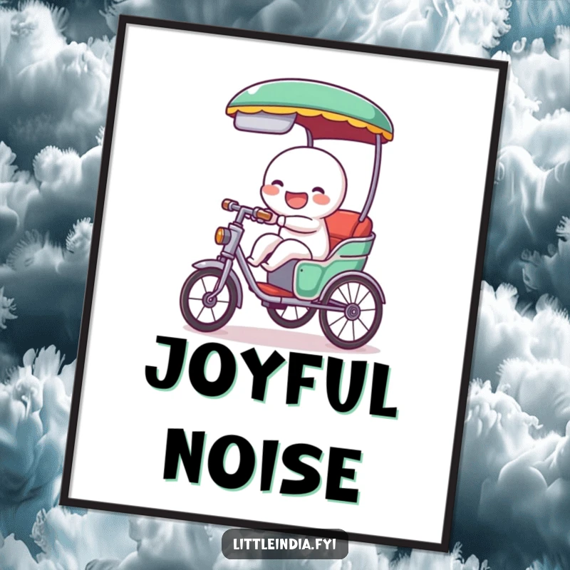 Funny digital art print of a giggling rickshaw character cheerfully tooting, offering playful energy and a comforting sense of vibrant, happy motion.