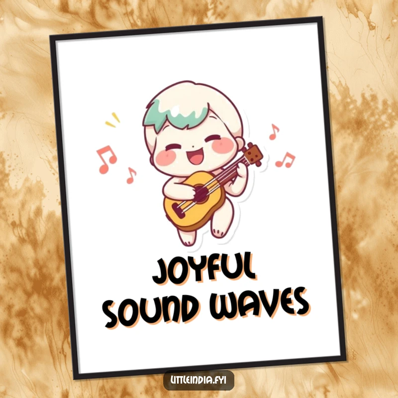 Funny digital art print of a cheerful character playing a small musical instrument and a happy tune, full of life.