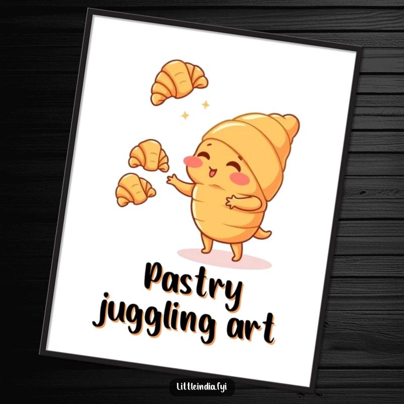 Funny, high-resolution digital art print of a blushing croissant juggling tiny croissants, ready for download.