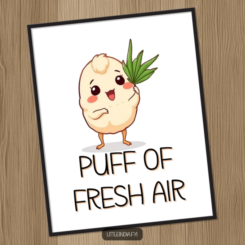 Funny Curry Puff Digital Art Print of a curry puff with tiny legs fanning itself with a palm frond.