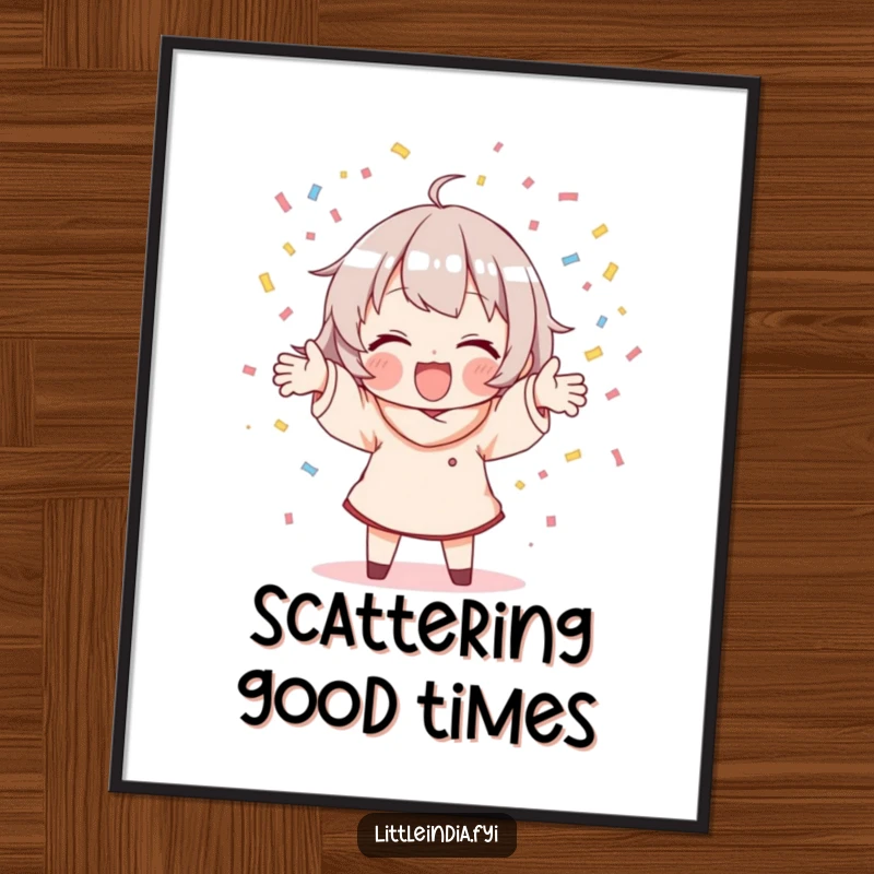 Funny digital art print of a character joyfully scattering handfuls of colorful confetti, symbolizing pure celebration.