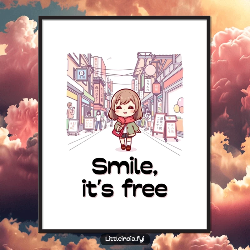 Funny digital art print: a cute character joyfully navigating a busy street, bringing smiles and style to any room.