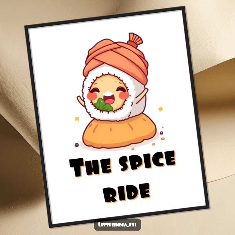 Happy sushi roll wearing a tiny turban, joyfully riding a spice mound, digital art print download.