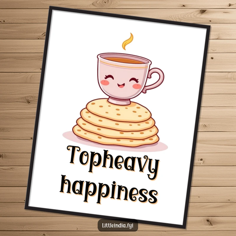 Funny digital art print of a cheerful chai cup balancing on a stack of chapati, perfect for kitchen decor.