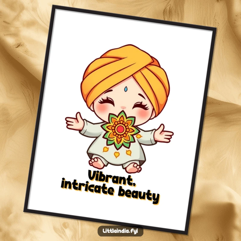 Funny turban rangoli digital art print of a cute character in a turban, presenting a beautifully decorative and colorful rangoli pattern.
