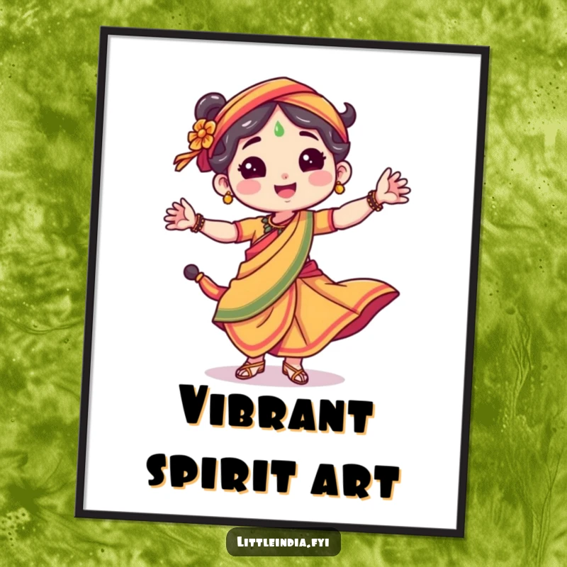 Funny digital art print of a happy character in a bright sari, dancing energetically, capturing pure bliss.