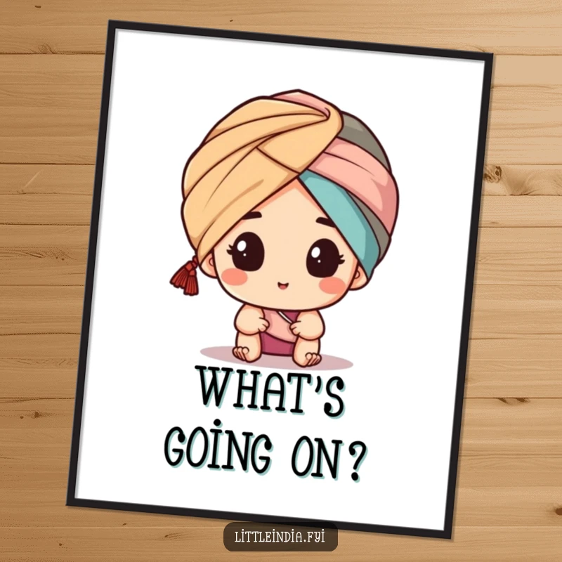 Funny digital art print of a character peeking from a turban, ready for instant download and framing, adding playful intrigue to any room.