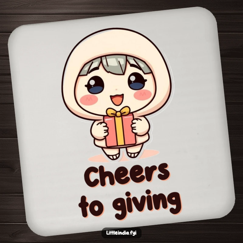 Funny Drink Coaster: A smiling, cheerful character presents a small gift, adding warmth to any surface.