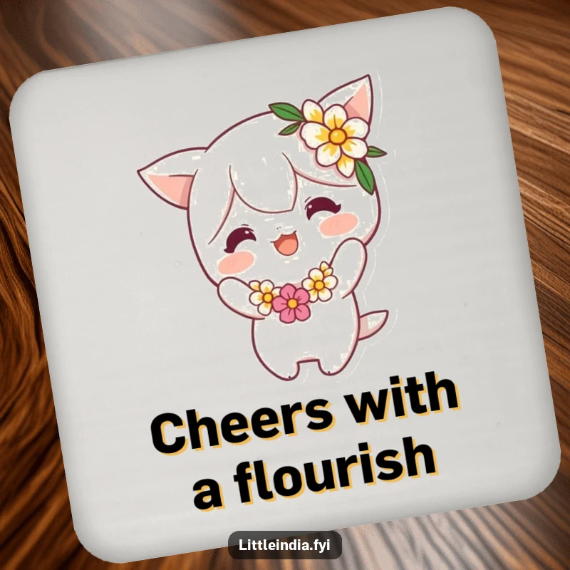 Funny Coaster: Cheerful character adorned with a flower garland executes a charming, playful bow, protecting surfaces with whimsical humor. Excellent funny gift.