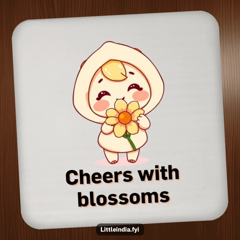 Funny coasters showing a happy character joyfully offering a fragrant flower, protecting surfaces with a warm smile.