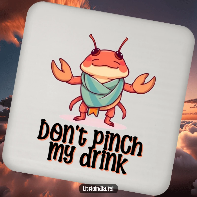 Funny Chilli Crab Coaster with a confused chilli crab trying to wear a tiny sarong.