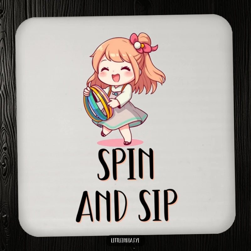 Set of funny coasters with a happy character twirling with colorful bangles, adding a sparkling touch.