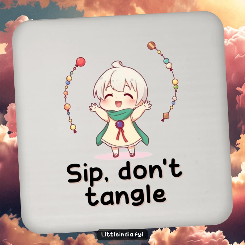 Funny drink coasters illustrating a character comically trying to juggle decorative strings of beads, protecting your surfaces with laughter.