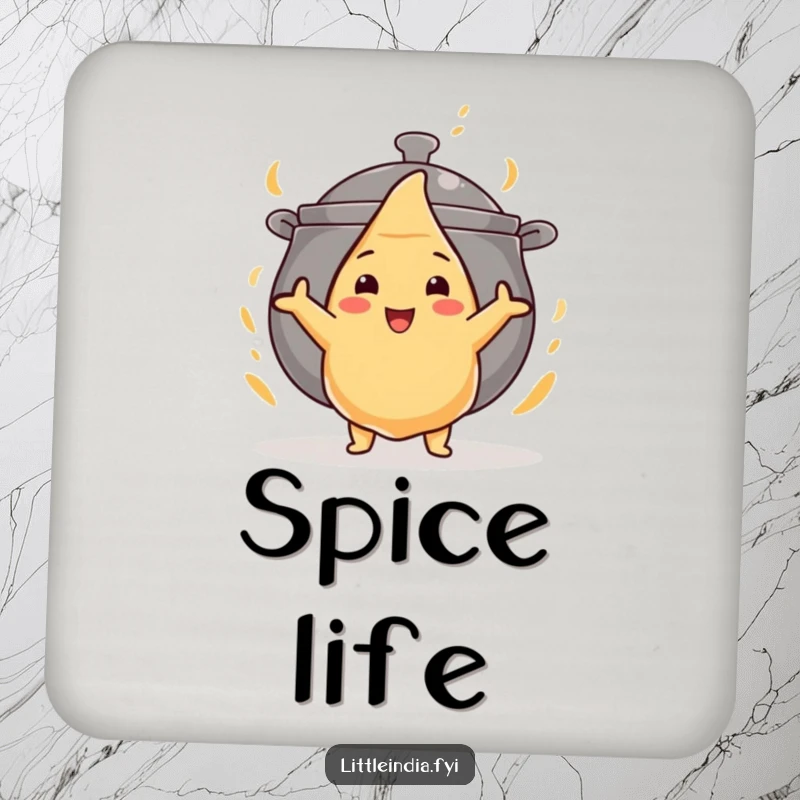 Funny drink coaster featuring a bold samosa heroically confronting a giant curry pot, protecting your furniture.