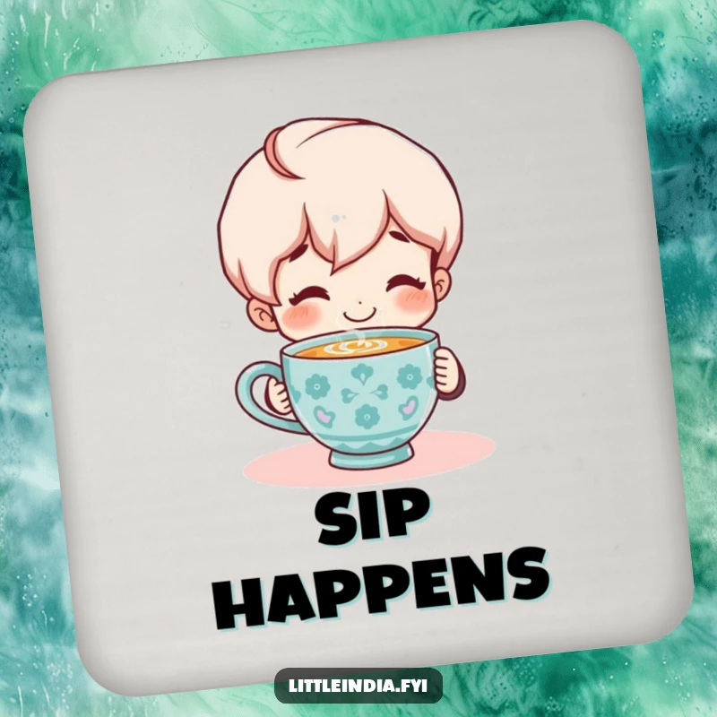 Funny Coaster: Smiling character enjoying a steaming cup of chai, perfect for protecting surfaces with cozy charm.