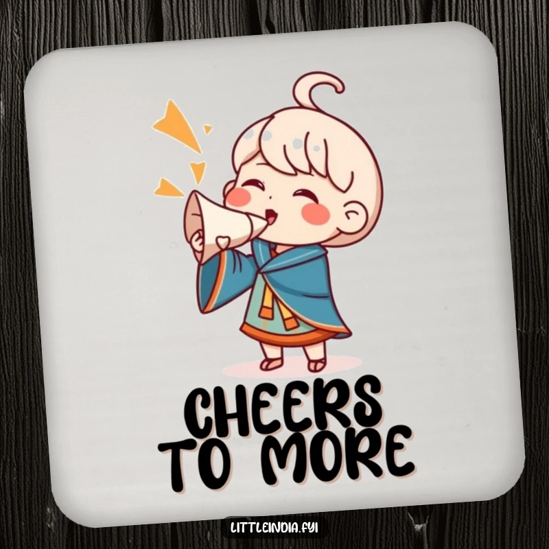 Funny Coaster: A character blows a conch shell, signaling a loud and happy cheer, adding a protective and festive element to tables.