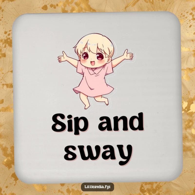 Funny drink coaster featuring a character dancing with bold, expressive arm movements, adding a humorous touch.