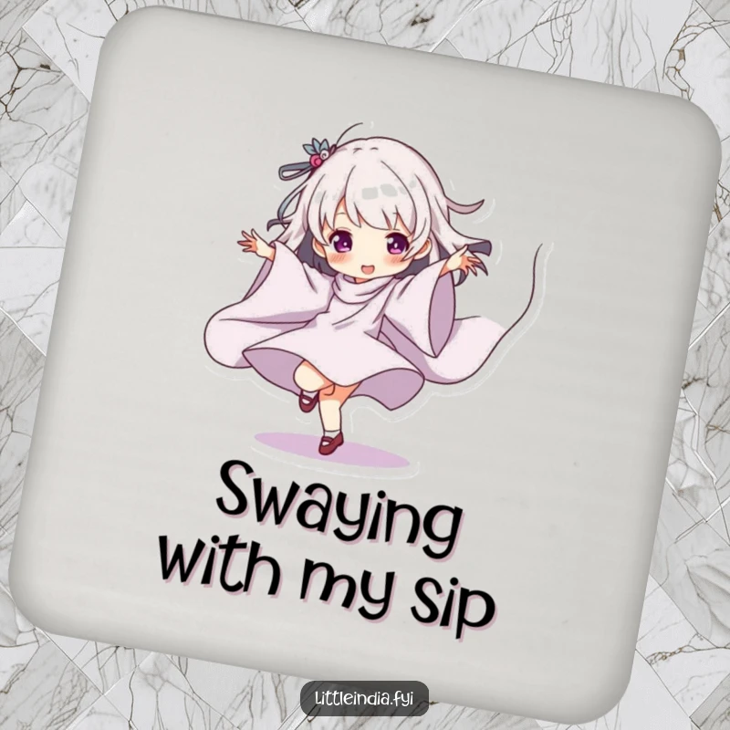 Funny Coaster featuring a character playfully dancing with flowing fabric, protecting surfaces with artistic humor.
