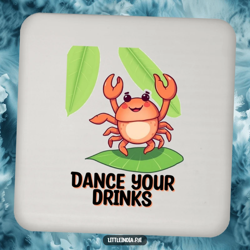 Funny crab character dancing on a banana leaf printed on a protective drink coaster, adding tropical vibes.