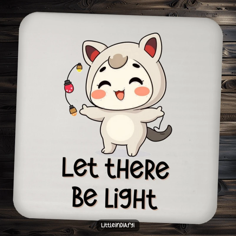 Funny Drink Coaster: A playful character grins while juggling small, twinkling lights, adding festive charm.