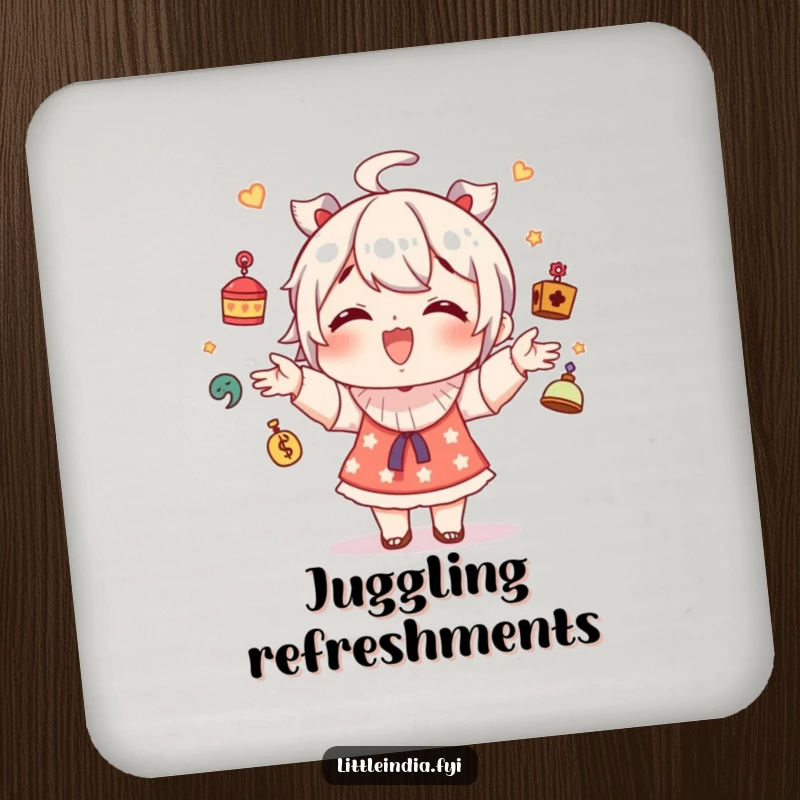 Funny coasters showing a giggling character juggling small decorative trinkets, protecting surfaces with a smile.