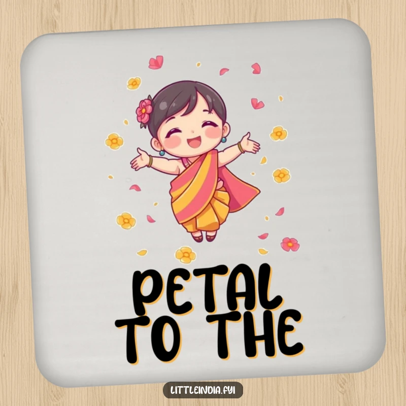 Funny Drink Coaster with a character in a colorful sari joyfully scattering flower petals, adding cheer to tabletops.